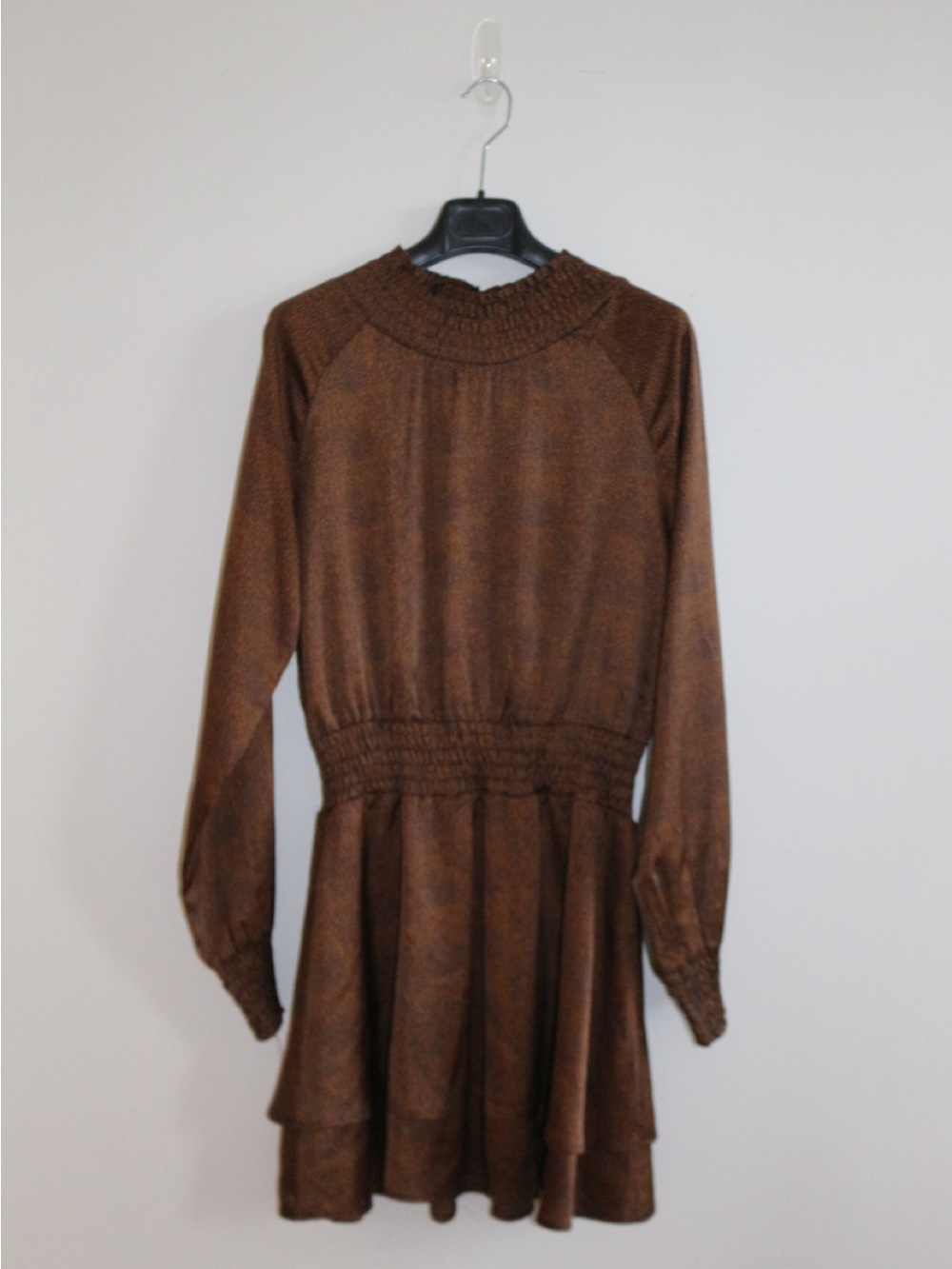 Smocked-Waist Copper Long-Sleeve Mini Dress